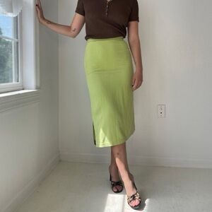 VINTAGE! 90’s Rum Runner Vintage Lime Green 100% Silk Midi Skirt Women's Size 14